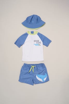 Whale Swim Top, Shorts and Bucket Hat Swimwear Set