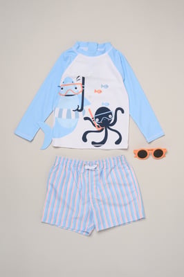Shark and Octopus Long Sleeve Top, Shorts and Sunglasses Swimwear Set