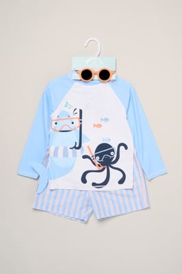 Shark and Octopus Long Sleeve Top, Shorts and Sunglasses Swimwear Set