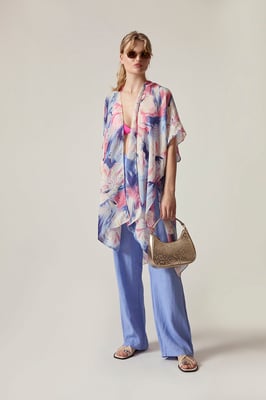 Blue Iris Print Beach Kaftan Cover-Up