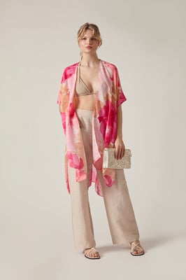 Pink Peony Floral Print Beach Kaftan Cover-Up