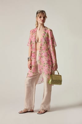 Pink Rose Print Beach Kaftan Cover-Up