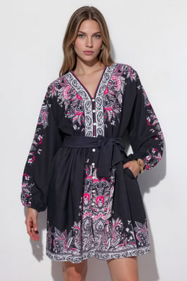 Gestrikt Mini-Jurk met V-hals in Paisley