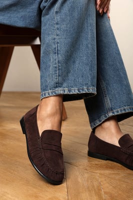 Wheres That From Womens Charleigh Ruched Detail Flat Penny Loafers in Brown Suede