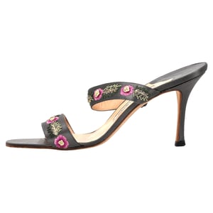 Manolo Blahnik Embroidered Heeled Mules in Black Satin