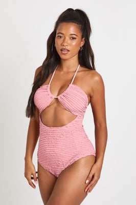 Textured Cut Out Halter Neck Swimsuit