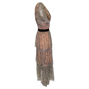 Self-Portrait Tiered Sequined Tulle Midi Dress in Beige Polyester