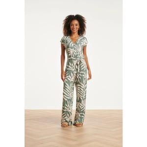 Smashed Lemon Groene stretch jumpsuit met bladprint en ceintuur |