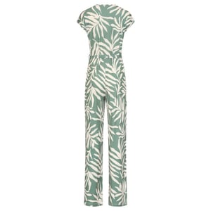 Smashed Lemon Groene stretch jumpsuit met bladprint en ceintuur |