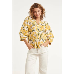 Smashed Lemon Blouse met citroenprint in geel en groen en knoopsluiting |