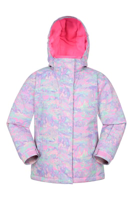 'Snowdrop' Kids Printed Ski Jacket with Detachable Hood Snow Proof Pale Blue