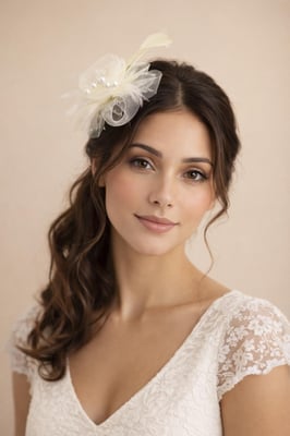 Rosette Faux Pearl & Polka Veil Feather Fascinator in Cream