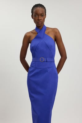 Tailored Cotton Sateen Pencil Belted Midi Dress