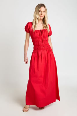 Petite Cotton Poplin Shirred Bodice Puff Sleeve Maxi Dress