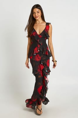 Floral Chiffon Layered Ruffle Detail Maxi Dress