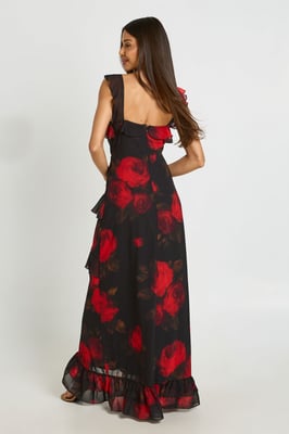 Floral Chiffon Layered Ruffle Detail Maxi Dress