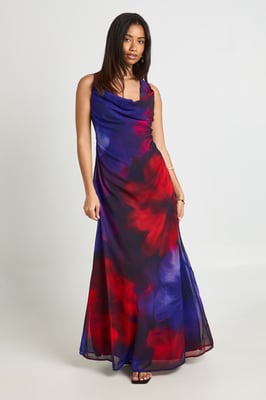 Chiffon Floral Cowl Neck Maxi Dress
