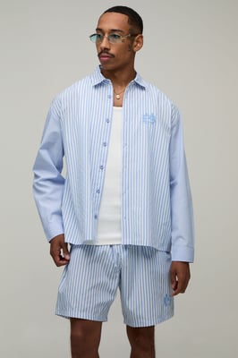 Embroidered Spliced Stripe Oversized Shirt & Short Set
