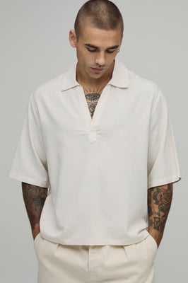 Linen Blend Boxy Revere Neck Polo