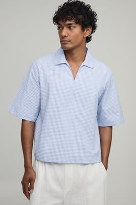 Oversized Boxy Poplin Check V-Neck Polo