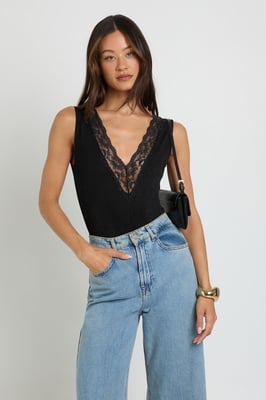 Tall Lace Trim V Neck Bodysuit