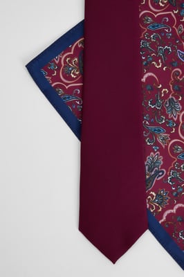 Burgundy Plain Tie and Paisley Pocket Square