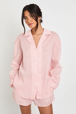 Cotton Pinstripe Oversized Long Sleeve Shirt & Short Pyjama Set