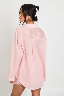 Cotton Pinstripe Oversized Long Sleeve Shirt & Short Pyjama Set