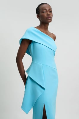 Compact Stretch Ruffle Detail Asymmetric Pencil Dress