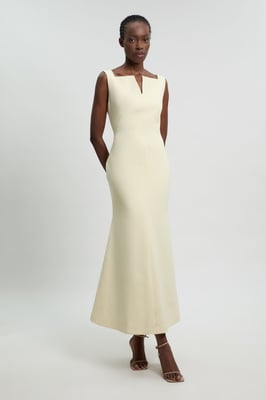 Compact Stretch High Neck Clean Pencil Midi Dress