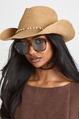 Pearl Trim Sequin Embellished Straw Cowboy Hat