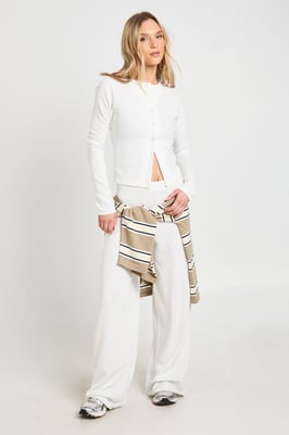 Petite Rib Button Through Long Sleeve Top and Wide Leg Trouser Co-ord