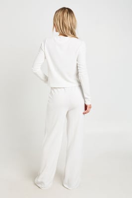 Petite Rib Button Through Long Sleeve Top and Wide Leg Trouser Co-ord