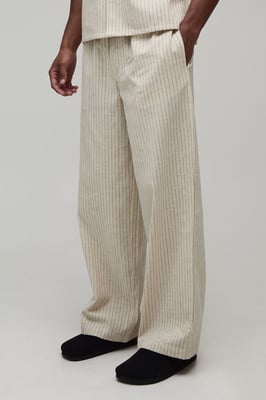 Baggy Fit Stripe Linen Blend Embroidered Pocket Trousers
