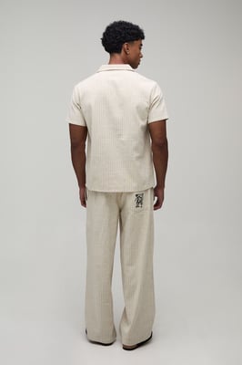 Baggy Fit Stripe Linen Blend Embroidered Pocket Trousers