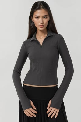 Fitted långärmad poloactive topp med blixtlås