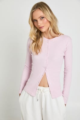 Petite Rib Button Through Long Sleeve Top