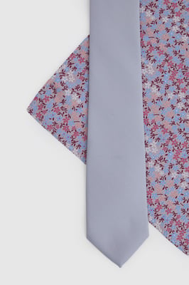Light Grey Plain Tie and Ditsy Pocket Square