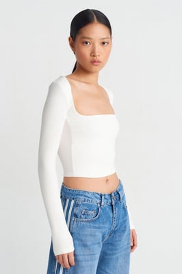 Dames Rechte Cropped Blouse met Vierkante Hals en Uitsparingen