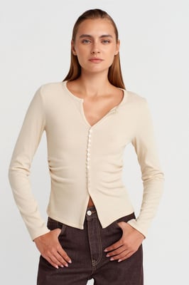 Slim Fit Geribbelde Blouse met Knopen aan de Voorkant