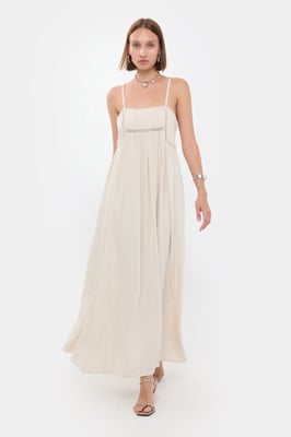Flowers Embroidered Maxi Dress with Lace Detail