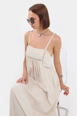 Flowers Embroidered Maxi Dress with Lace Detail
