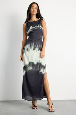 Knot Shoulder Ombre Print Maxi Slip Dress
