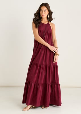 Mulberry Tiered Halter Maxi Trapeze Dress