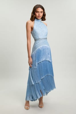 Fringed Beaded Halter Neck Woven Maxi Dress