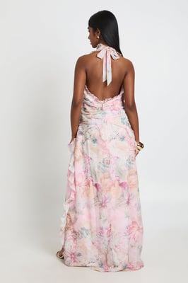 Chiffon Floral Ruffle Detail Halterneck Maxi Dress