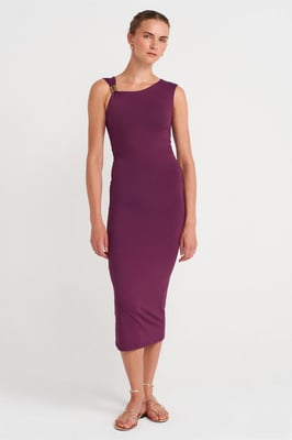 Mouwloze Bodycon Midi Jurk met Accessoire Detail