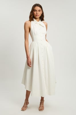 Cotton Poplin Tie Neck Midi Dress