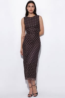 Gestipte Midi Tulle Jurk met Ronde Hals