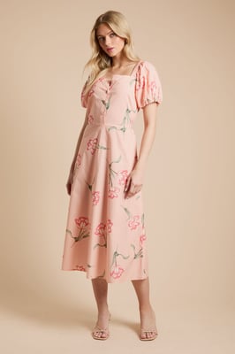 Floral Button Detail Puff Sleeve Midi Dress